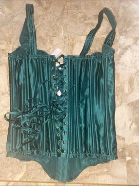Victoria's Secret Dark Green Satin Lace-Up Corset Bodysuit